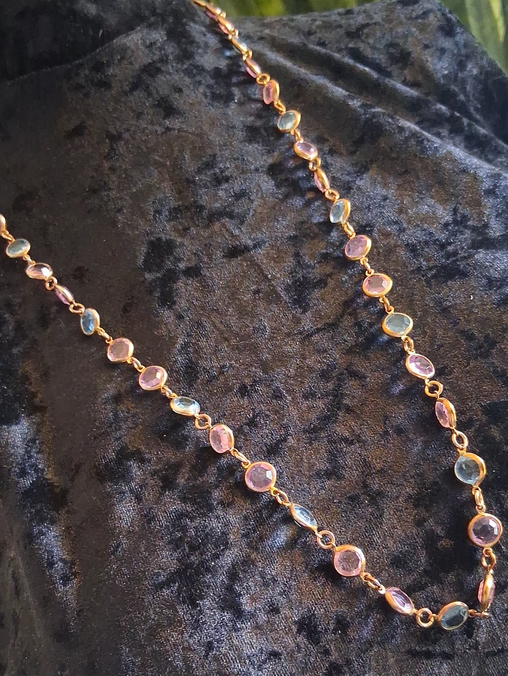 Vintage Gold-Finish Station Necklace with Pink and Blue Glass Stations